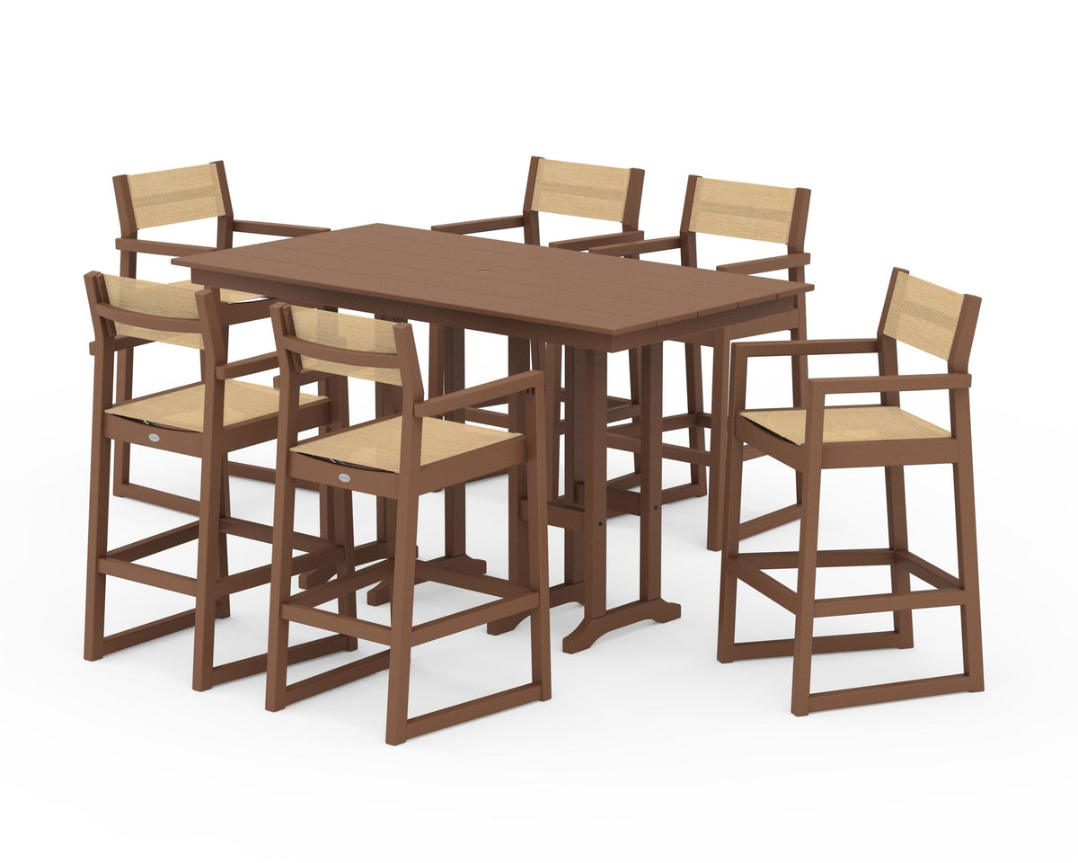 POLYWOOD EDGE Sling Arm Chair 7-Piece Farmhouse Bar Set in Teak / Dupioni Apricot