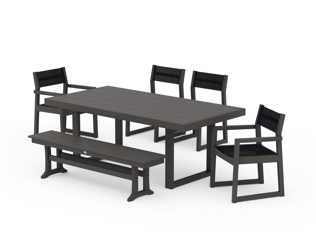 POLYWOOD EDGE Sling 6-Piece Dining Set with Bench in Vintage Coffee / Black