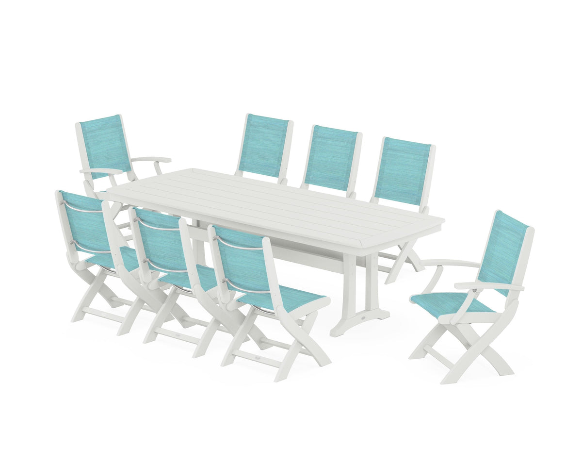 POLYWOOD Coastal Folding 9-Piece Dining Set with Trestle Legs in Vintage White / Dupioni Aquamarine