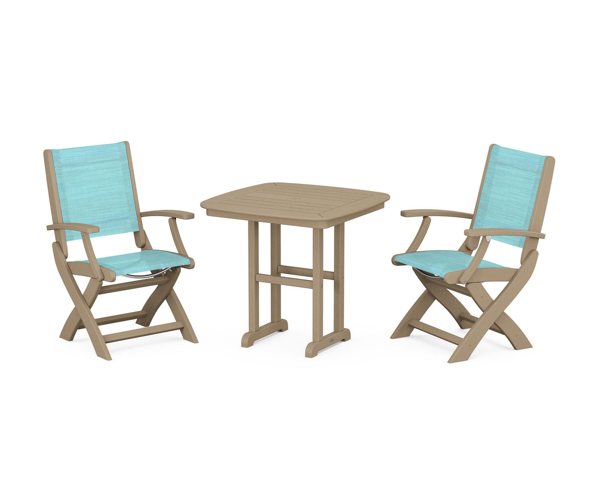 POLYWOOD Coastal Folding Chair 3-Piece Dining Set in Vintage Sahara / Dupioni Aquamarine