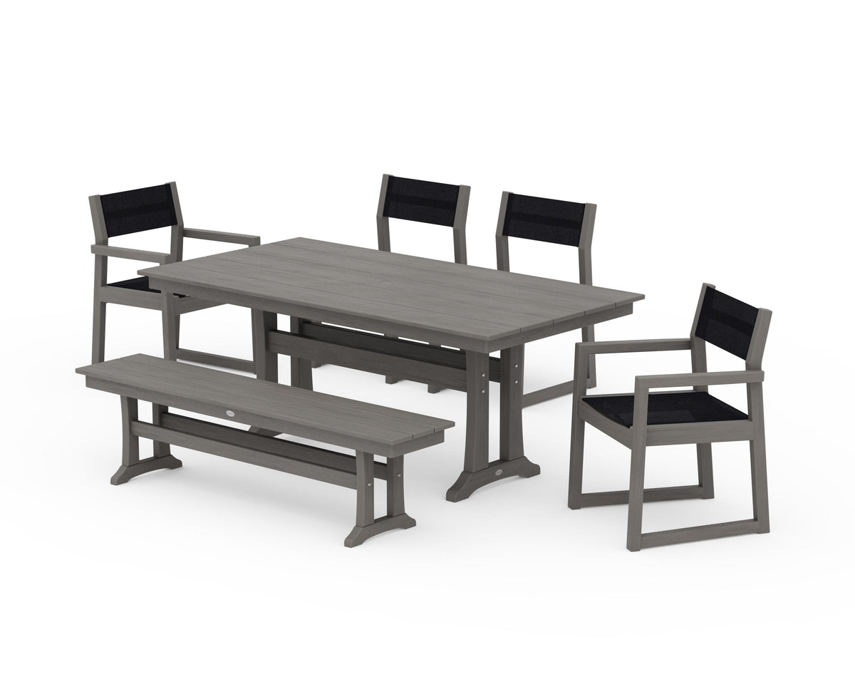 POLYWOOD EDGE Sling 6-Piece Farmhouse Dining Set With Trestle Legs in Driftwood / Black
