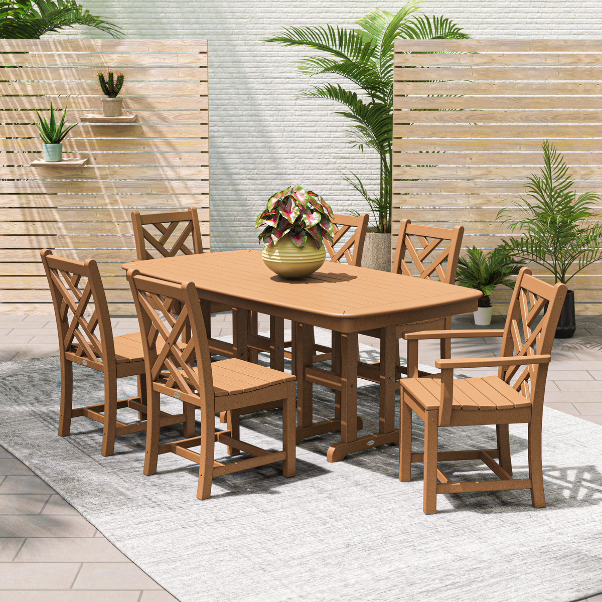 POLYWOOD Chippendale 7-Piece Dining Set in Teak styled outdoors