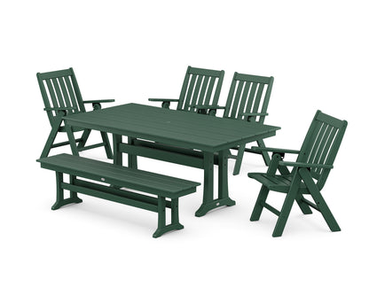 POLYWOOD Vineyard 6-Piece Folding Chair Farmhouse Dining Set with Trestle Legs and Bench in Green