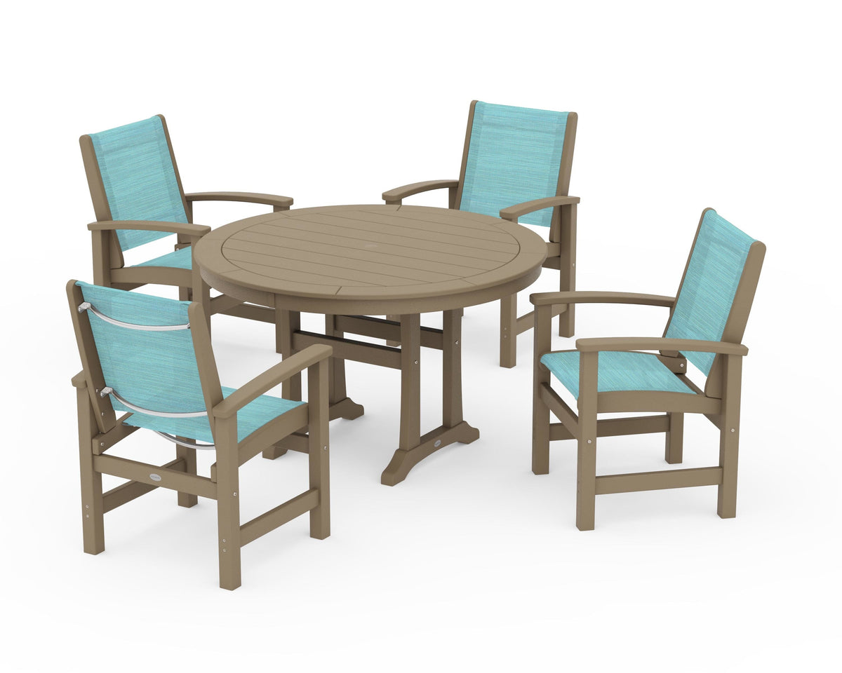POLYWOOD Coastal 5-Piece Round Dining Set with Trestle Legs in Vintage Sahara / Dupioni Aquamarine