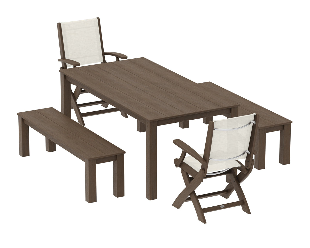 POLYWOOD Coastal Folding Chair 5-Piece Parsons Dining Set with Benches in Kona / Parchment