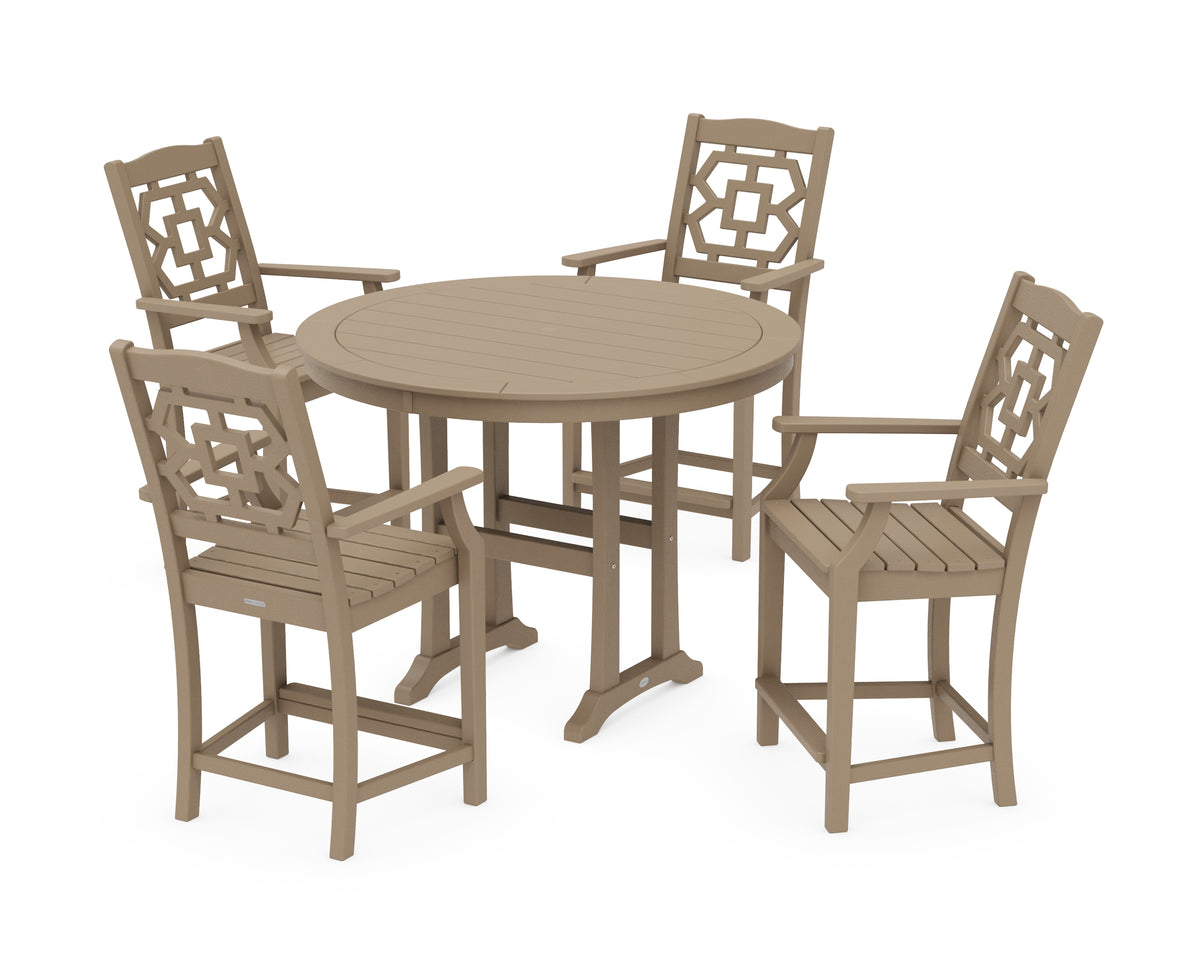 POLYWOOD Chinoiserie 5-Piece Round Counter Set in Vintage Sahara