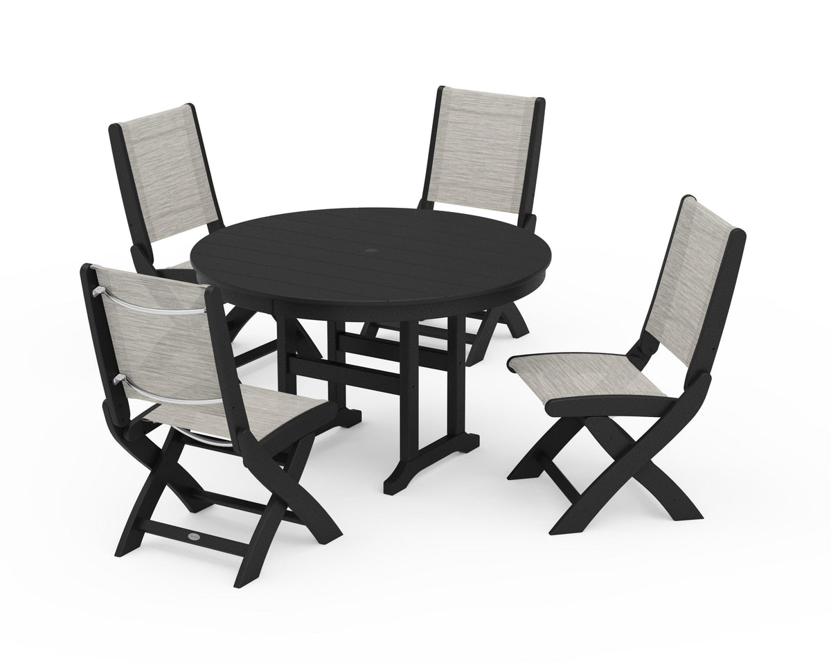 POLYWOOD Coastal Folding Side Chair 5-Piece Round Dining Set in Black / Birch
