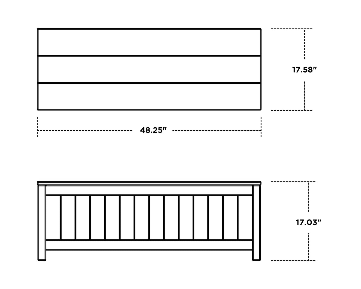 POLYWOOD Vineyard 48" Storage Bench dimension drawing with width, depth and height measurements