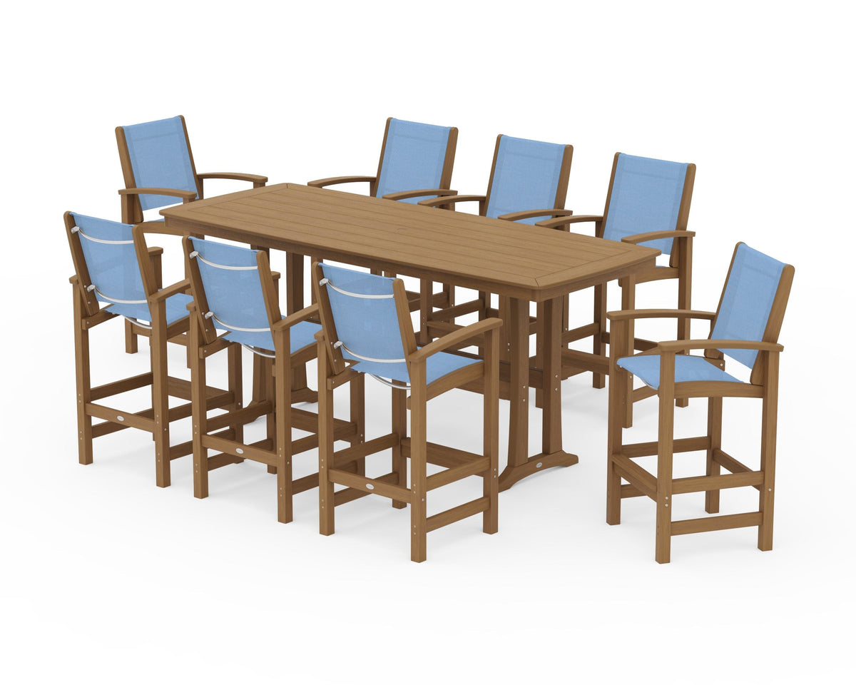 POLYWOOD Coastal 9-Piece Bar Set with Trestle Legs in Natural / Poolside