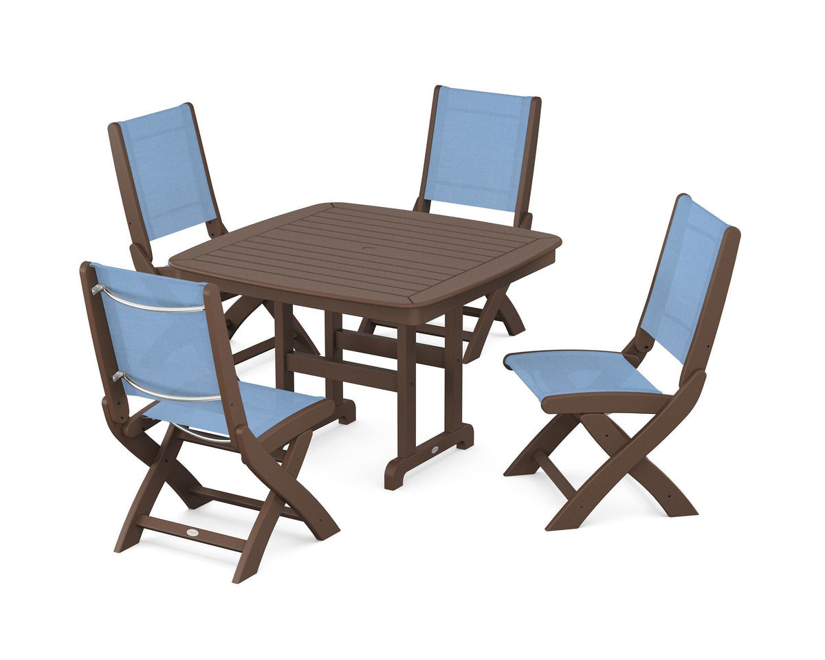 POLYWOOD Coastal Folding Side Chair 5-Piece Dining Set with Nautical 44" Dining Table in Mahogany / Poolside