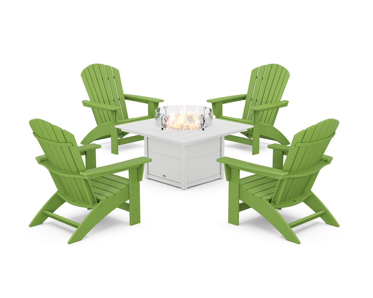 POLYWOOD 5-Piece Nautical Grand Adirondack Conversation Set with Fire Pit Table in Lime / White