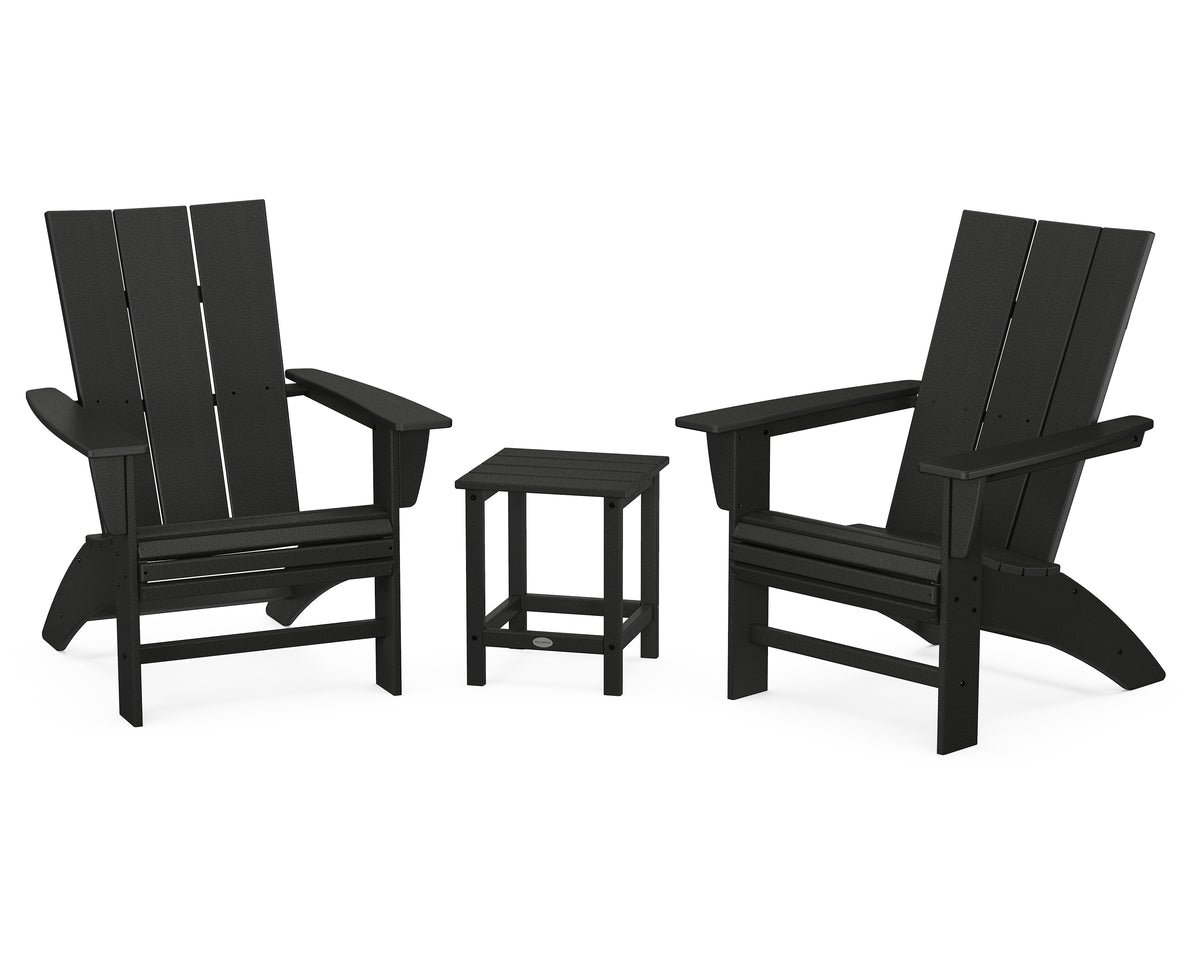 POLYWOOD Modern 3-Piece Curveback Adirondack Set With Long Island 18" Side Table in Black