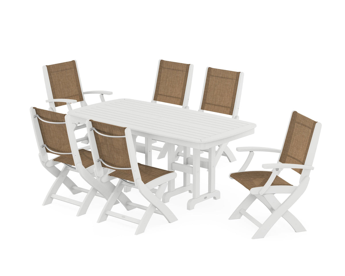 POLYWOOD Coastal Folding Chair 7-Piece Dining Set in White / Burlap