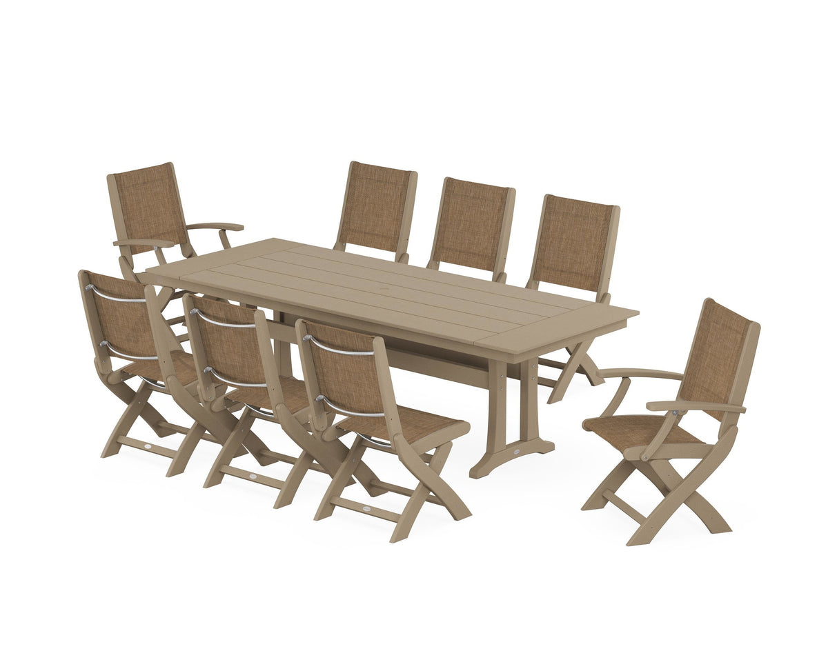 POLYWOOD Coastal 9-Piece Folding Dining Chair Farmhouse Dining Set with Trestle Legs in Vintage Sahara / Burlap