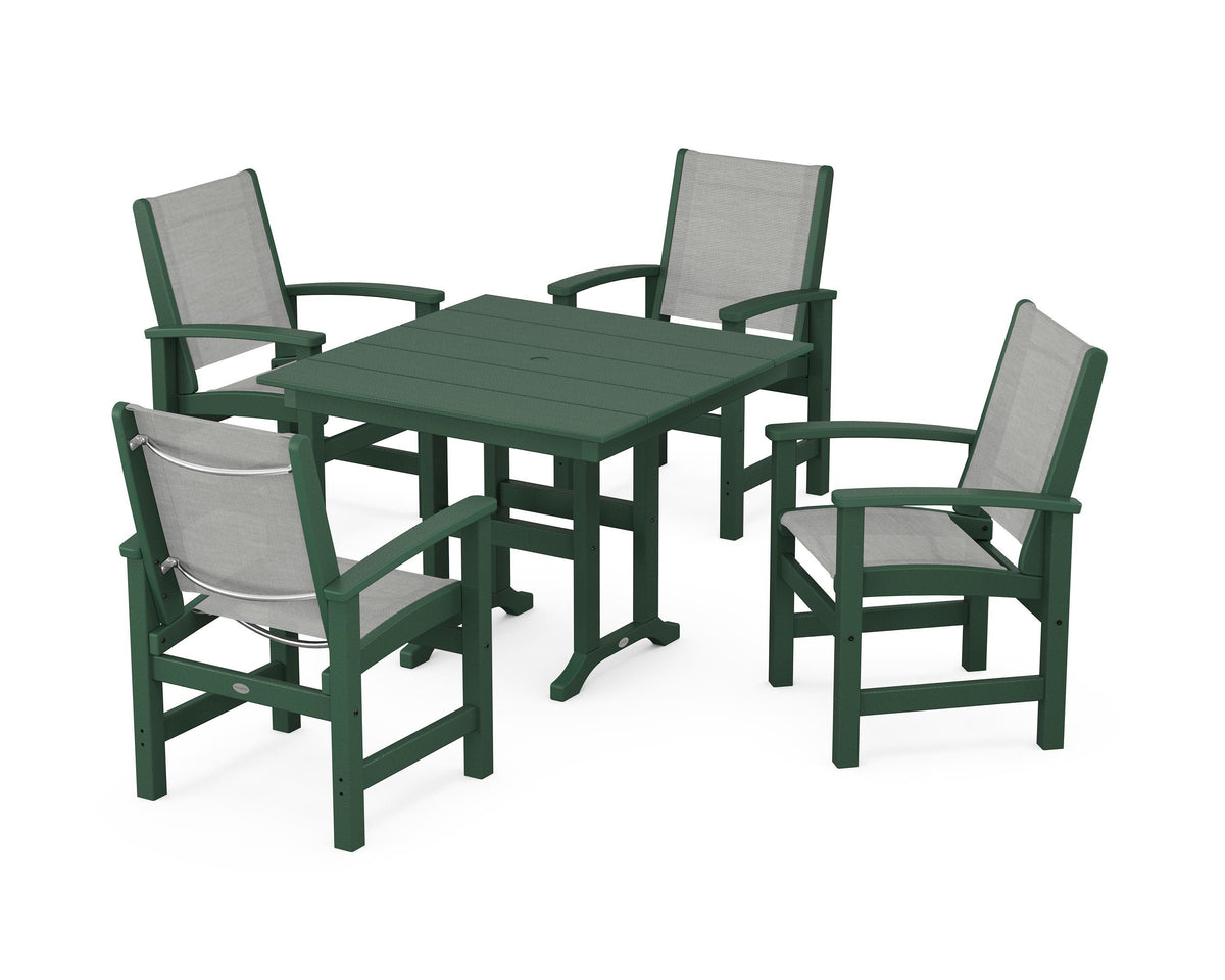 POLYWOOD Coastal 5-Piece Farmhouse Dining Set with Farmhouse 37" Dining Table in Green / Metallic