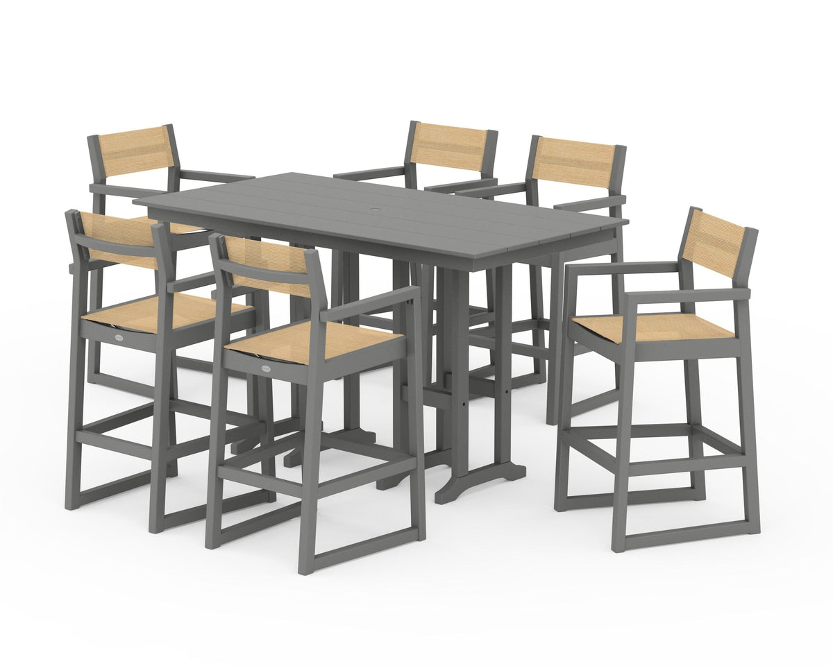 POLYWOOD EDGE Sling Arm Chair 7-Piece Farmhouse Bar Set in Slate Grey / Dupioni Apricot