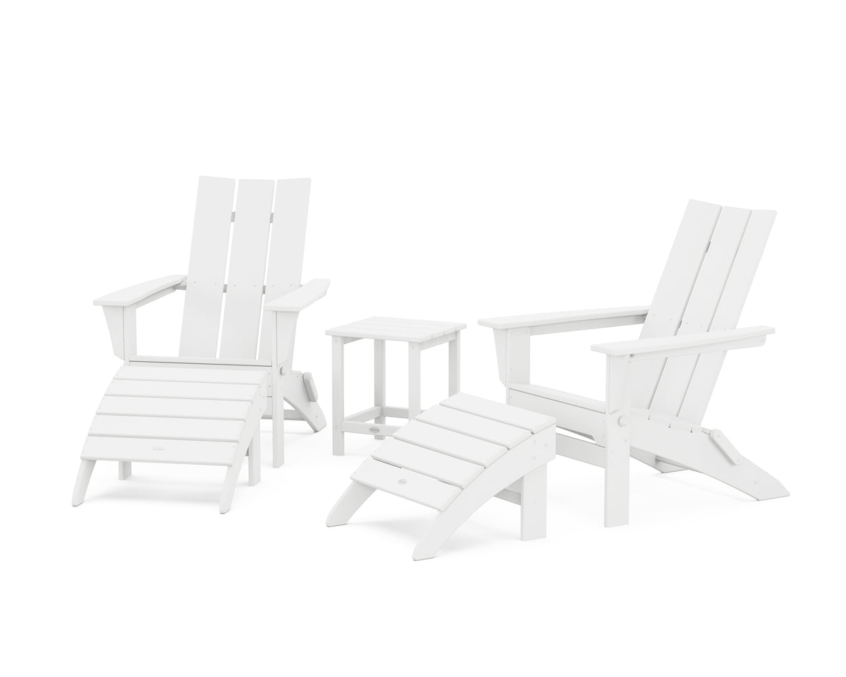 POLYWOOD Modern Folding Adirondack Chair 5-Piece Set with Ottomans and 18" Side Table in White