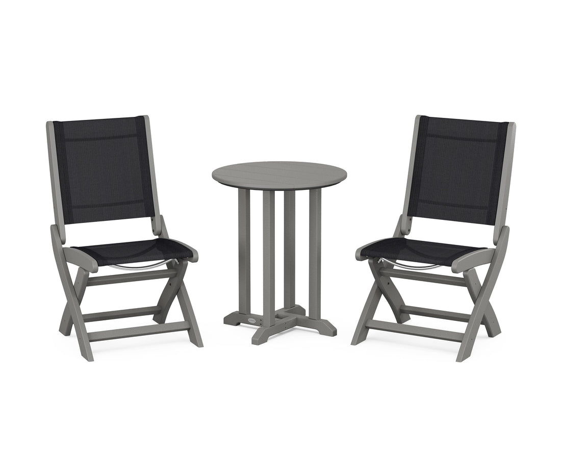 POLYWOOD Coastal Folding Side Chair 3-Piece Round Bistro Dining Set in Slate Grey / Black