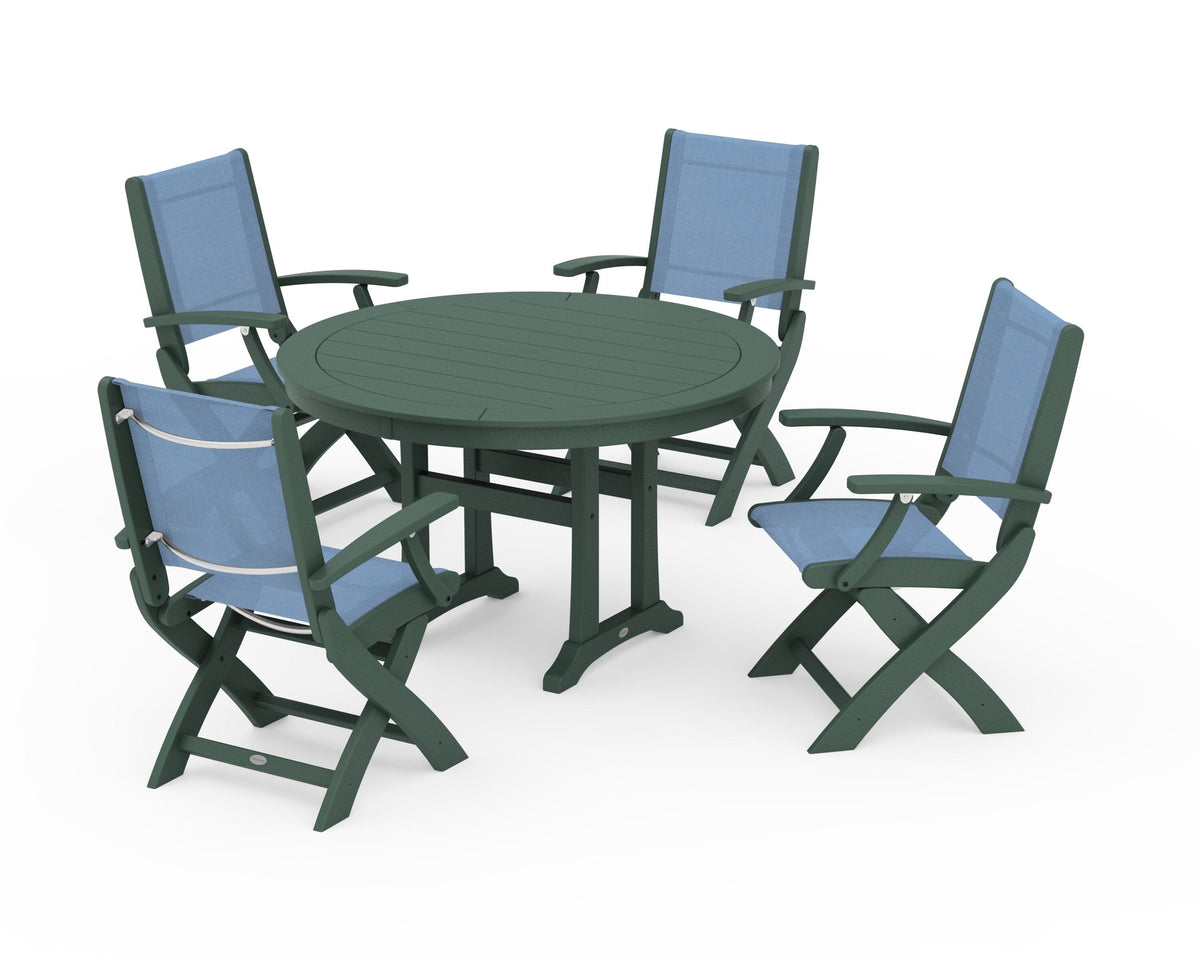 POLYWOOD Coastal Folding Chair 5-Piece Round Dining Set with Trestle Legs in Green / Poolside