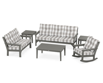 POLYWOOD Vineyard 6-Piece Deep Seating Set with Rocking Chair in Slate Grey / Buffalo Plaid Grey Mist