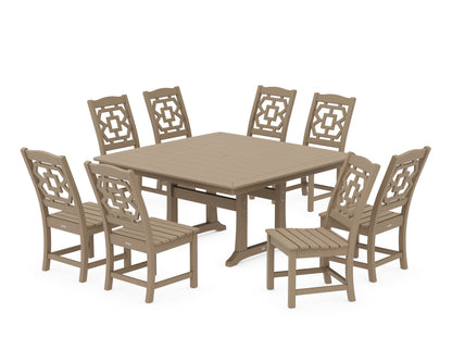 POLYWOOD Chinoiserie 9-Piece Square Side Chair Dining Set with Trestle Legs in Vintage Sahara