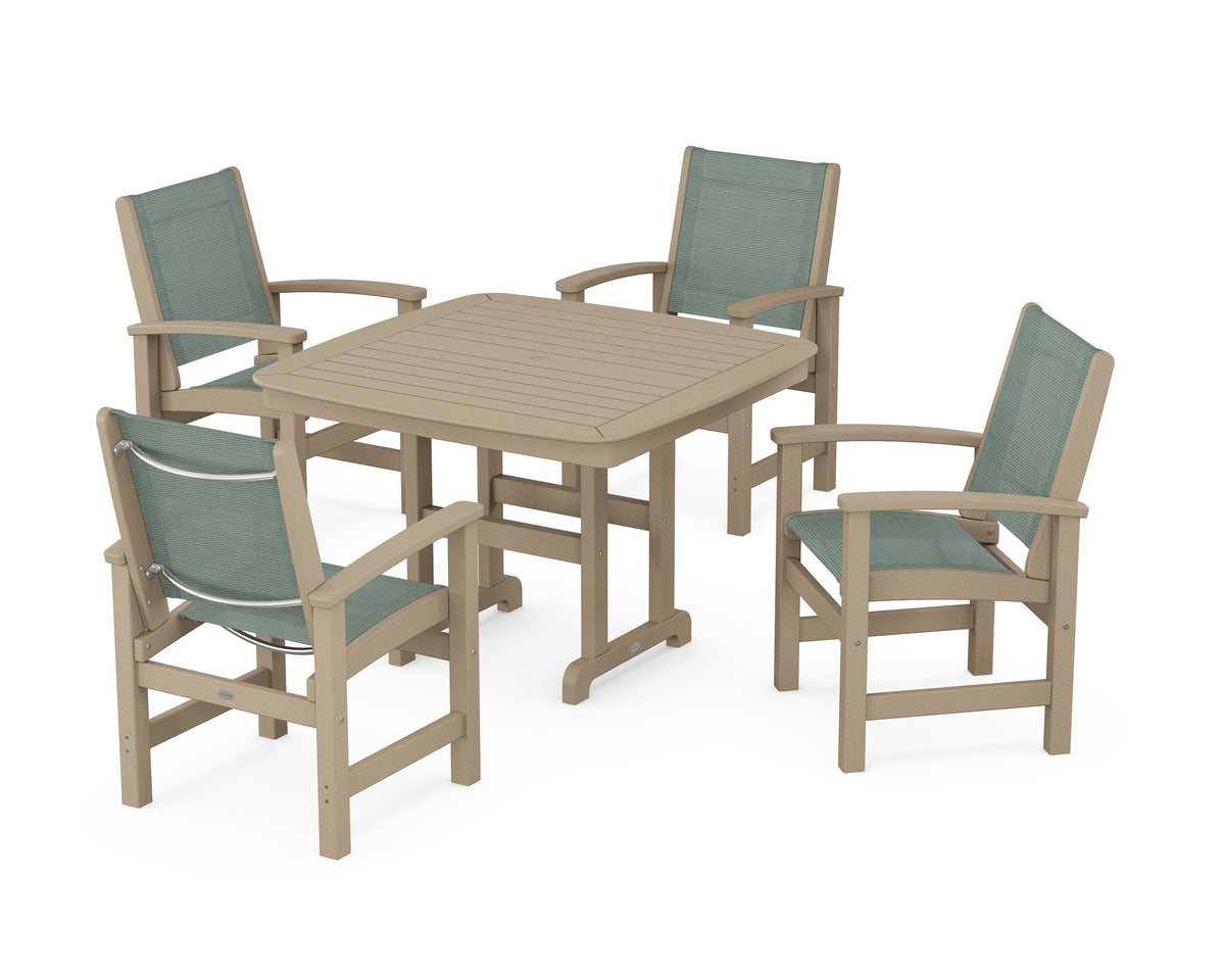 POLYWOOD Coastal 5-Piece Dining Set with Nautical 44" Dining Table in Vintage Sahara / Dupioni Sea Mist