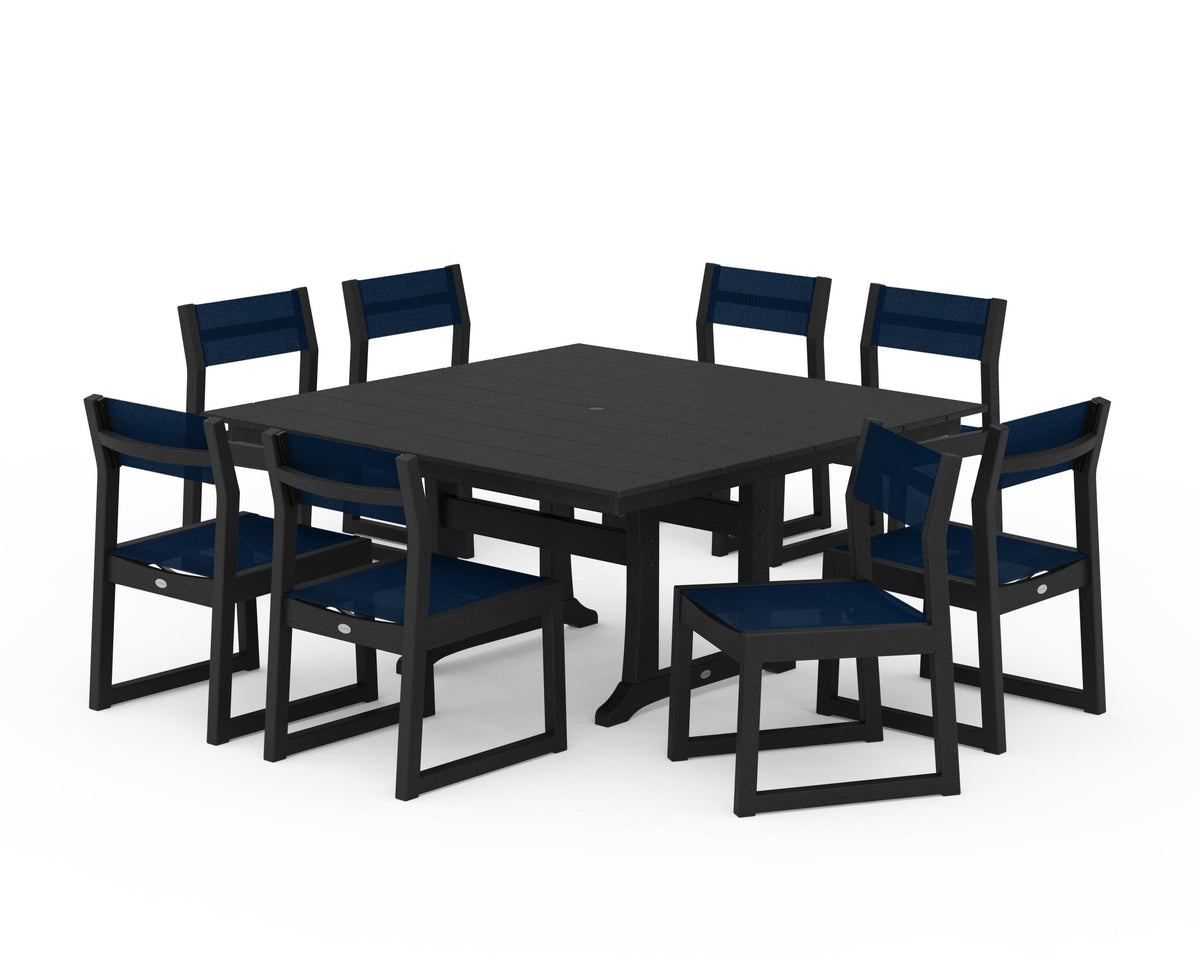 POLYWOOD EDGE Sling Side Chair 9-Piece Farmhouse Trestle Dining Set in Black / Navy Blue