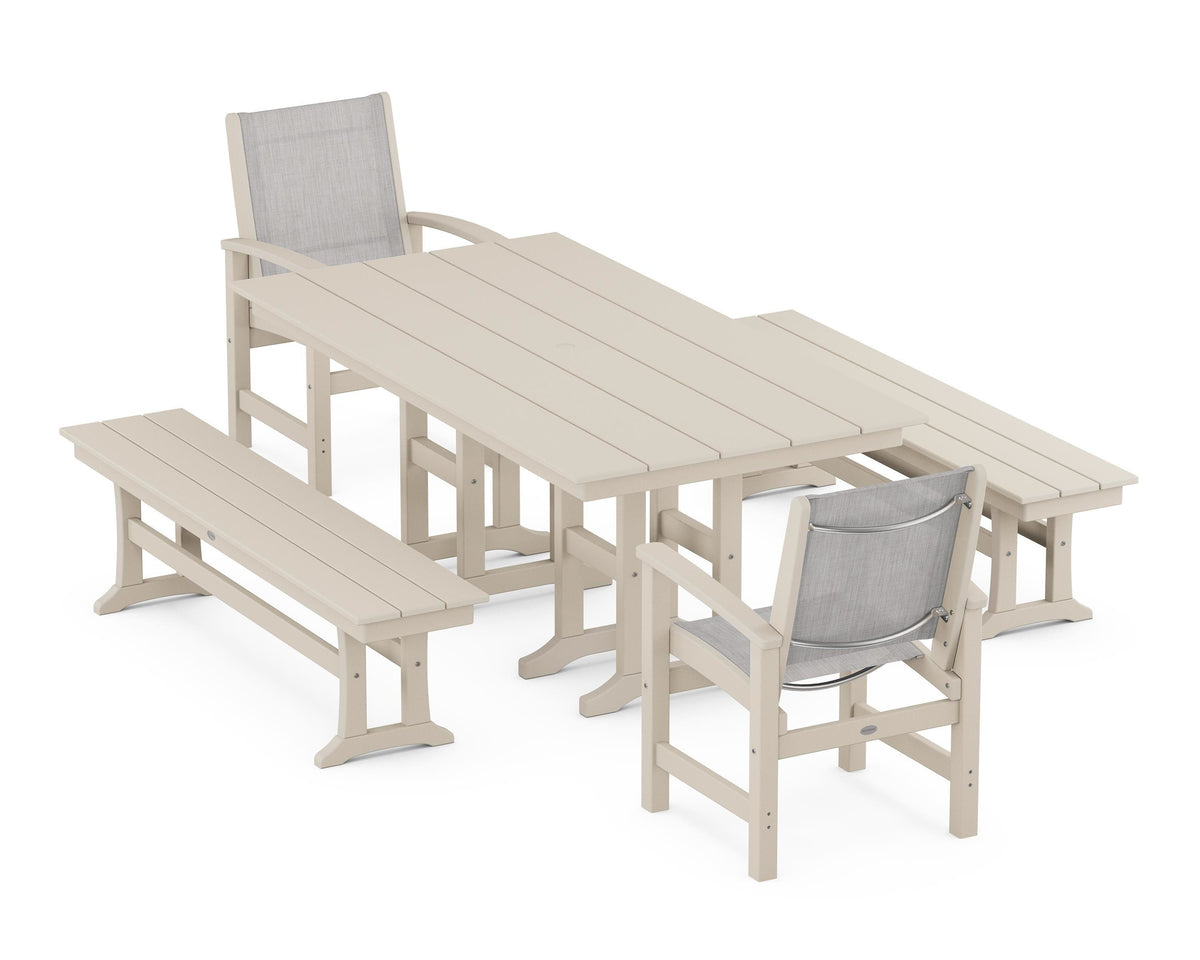 POLYWOOD Coastal 5-Piece Farmhouse Dining Set with Farmhouse 37" x 72" Dining Table in Sand / Parchment