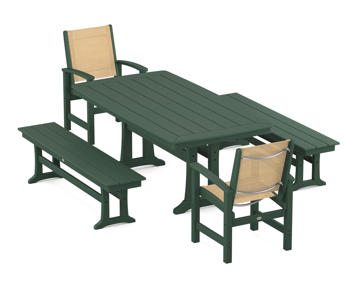 POLYWOOD Coastal 5-Piece Dining Set with Trestle Legs and Benches in Green / Dupioni Apricot