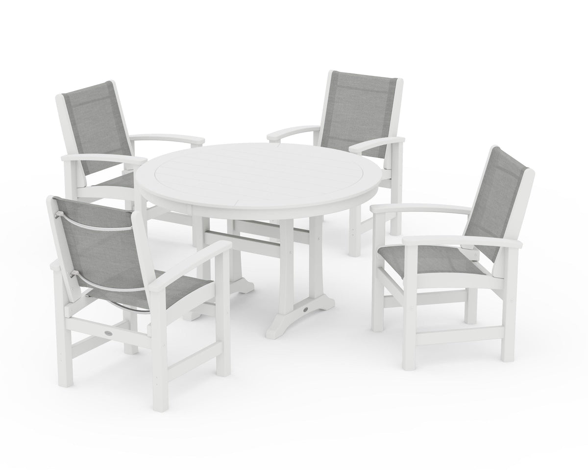 POLYWOOD Coastal 5-Piece Round Dining Set with Trestle Legs in White / Metallic