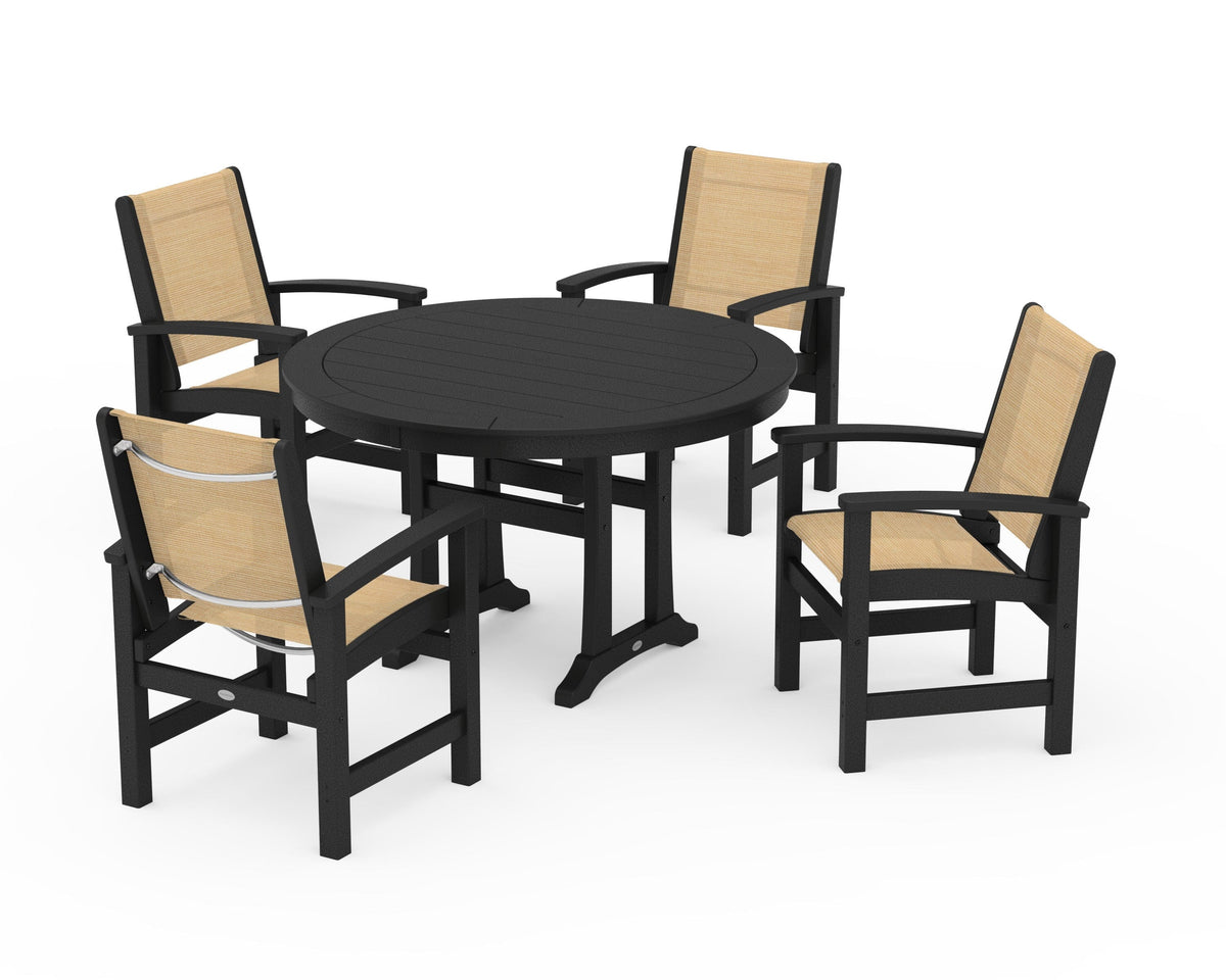 POLYWOOD Coastal 5-Piece Round Dining Set with Trestle Legs in Black / Dupioni Apricot