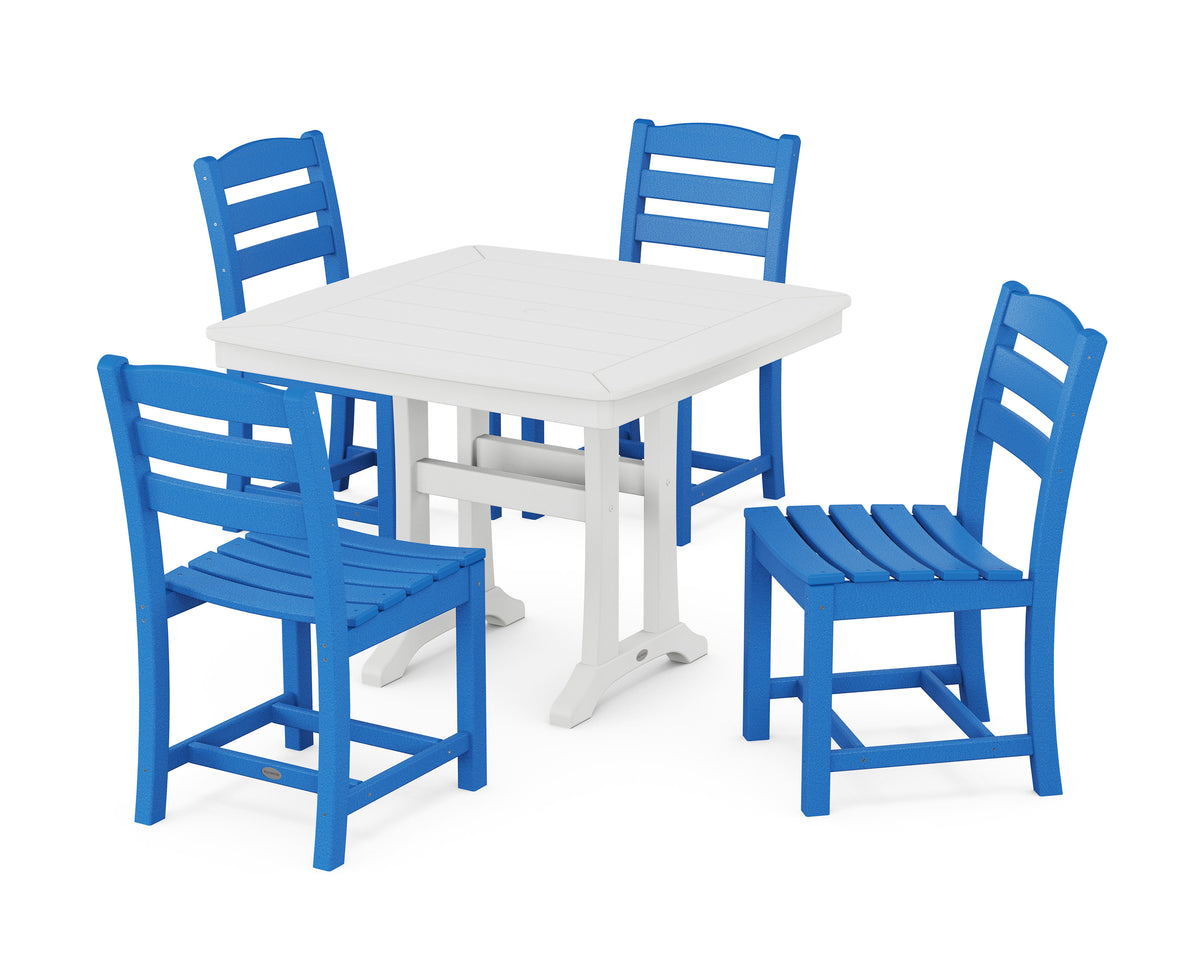 POLYWOOD La Casa Café Side Chair 5-Piece Dining Set with Trestle Legs - 37" Table in Pacific Blue / White