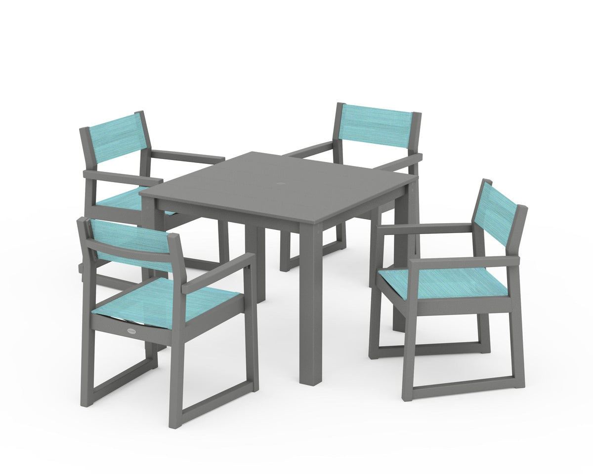POLYWOOD EDGE Sling Arm Chair 5-Piece Parsons Dining Set in Slate Grey / Dupioni Aquamarine