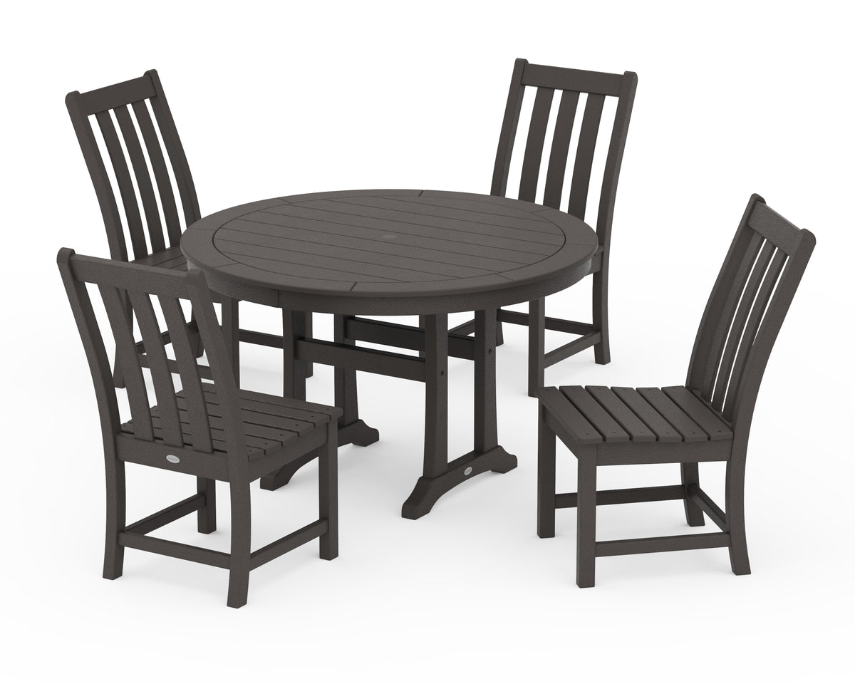 POLYWOOD Vineyard Side Chair 5-Piece Round Dining Set with Trestle Legs in Vintage Coffee