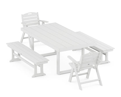 POLYWOOD Nautical Lowback 5-Piece Dining Set with Benches - 39" x 78" Table in White