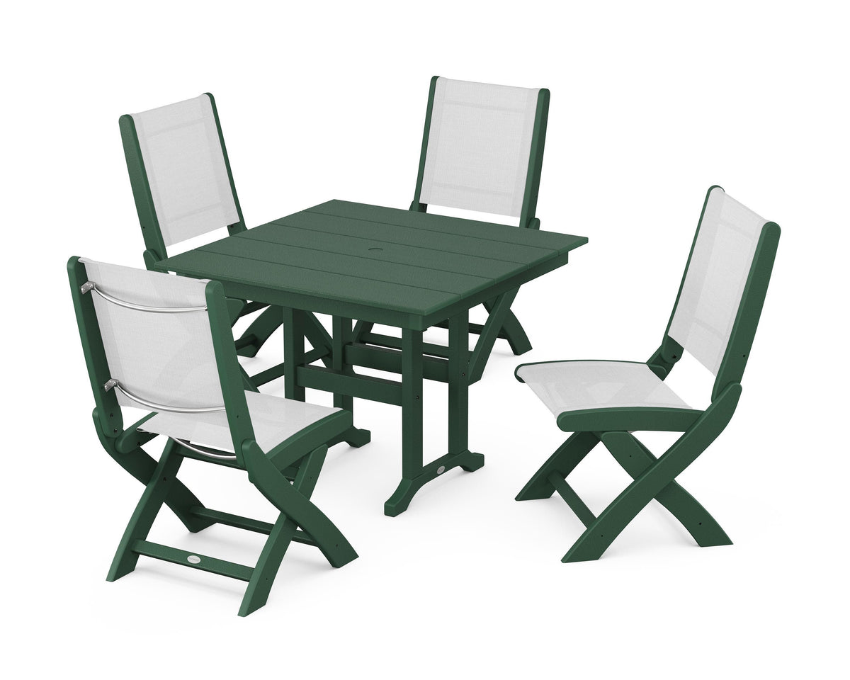 POLYWOOD Coastal Folding Side Chair 5-Piece Farmhouse Dining Set in Green / White