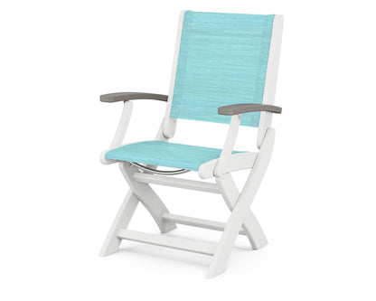 POLYWOOD Coastal Folding Chair in White with Driftwood arms and Dupioni Aquamarine sling