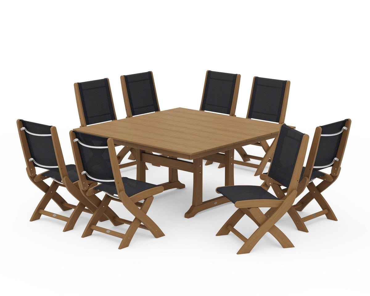 POLYWOOD Coastal Folding Side Chair 9-Piece Farmhouse Dining Set in Natural / Black