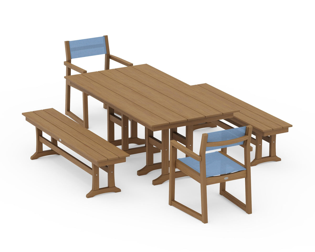 POLYWOOD EDGE Sling Arm Chair 5-Piece Farmhouse Dining Set with Benches in Natural / Poolside