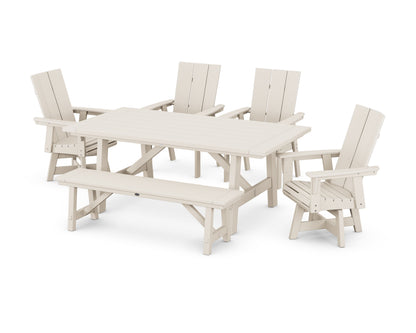 POLYWOOD Modern Curveback Adirondack Swivel Chair 6-Piece Rustic Farmhouse Dining Set with Bench in Sand