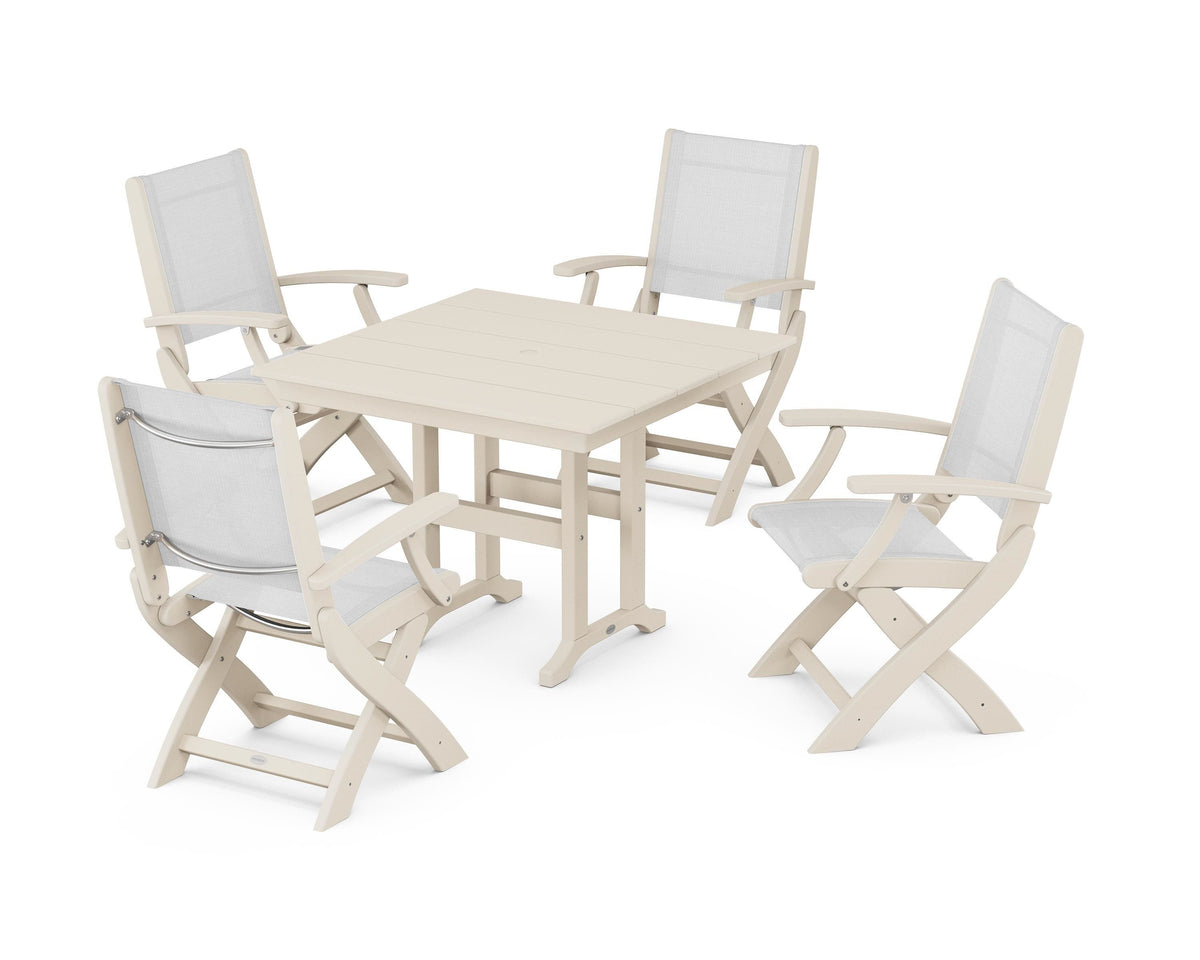 POLYWOOD Coastal Folding Chair 5-Piece Farmhouse Dining Set in Sand / White