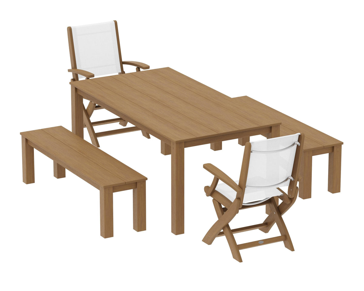 POLYWOOD Coastal Folding Chair 5-Piece Parsons Dining Set with Benches in Natural / White