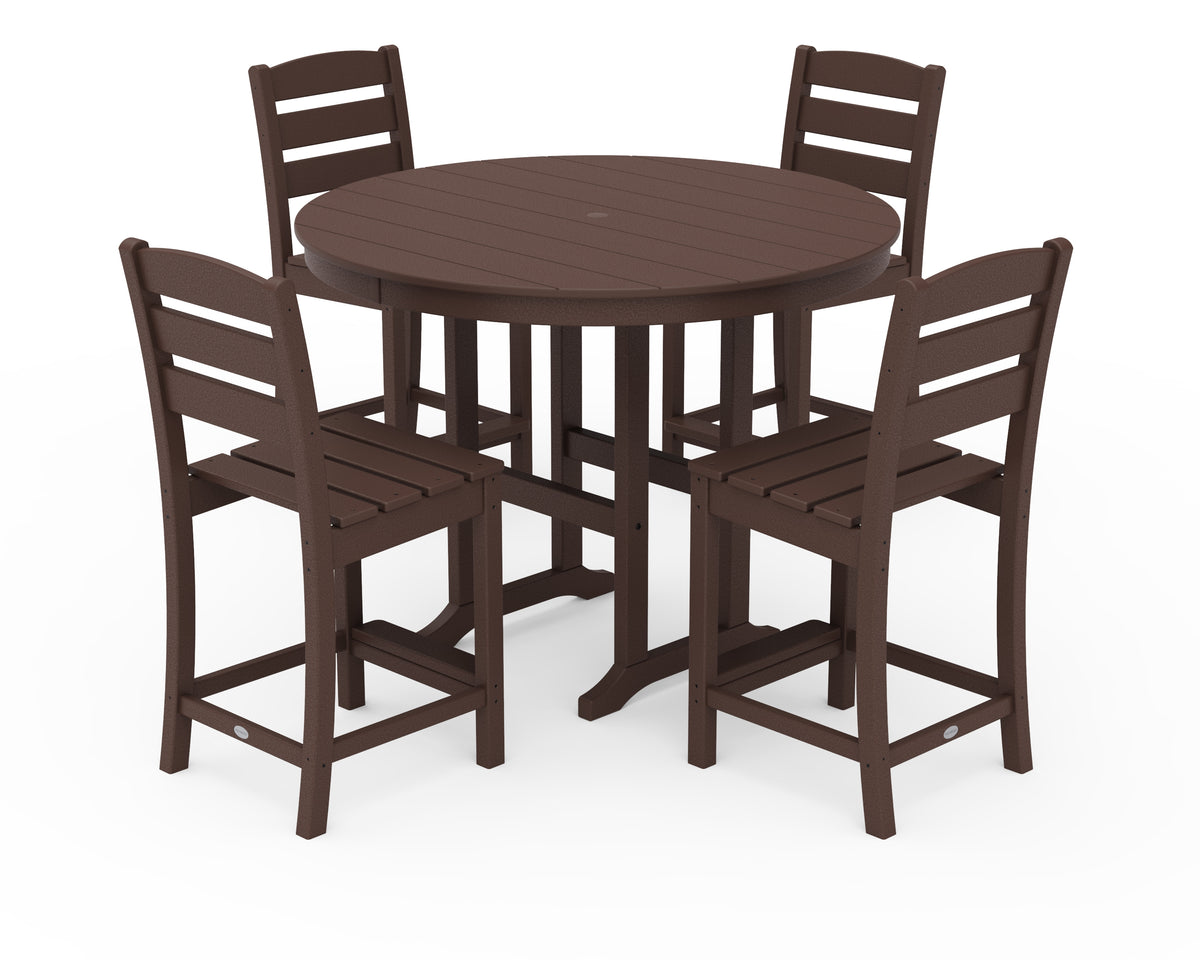 POLYWOOD Lakeside 5-Piece Farmhouse Round Side Chair Counter Set in Mahogany
