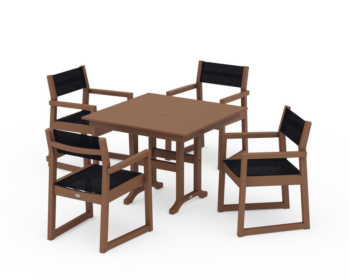 POLYWOOD EDGE Sling Arm Chair 5-Piece Farmhouse Dining Set in Teak / Black