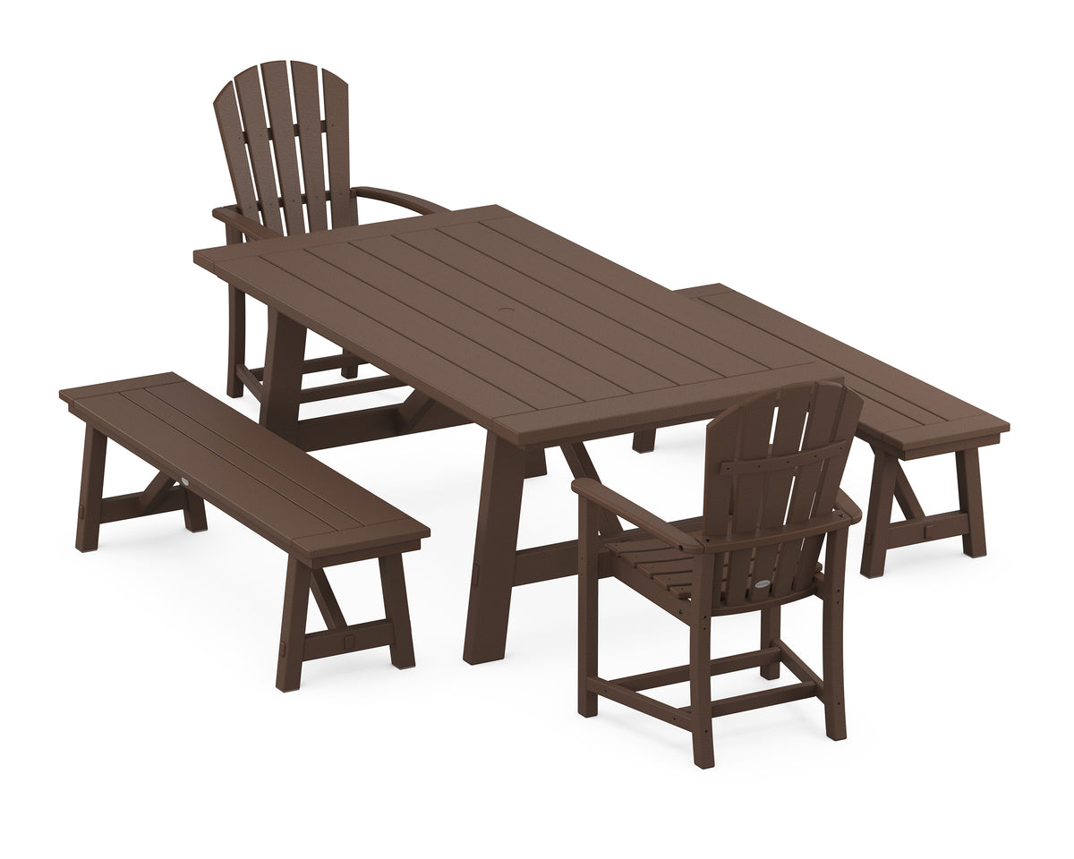 POLYWOOD Palm Coast 5-Piece Rustic Farmhouse Dining Set with Benches in Mahogany