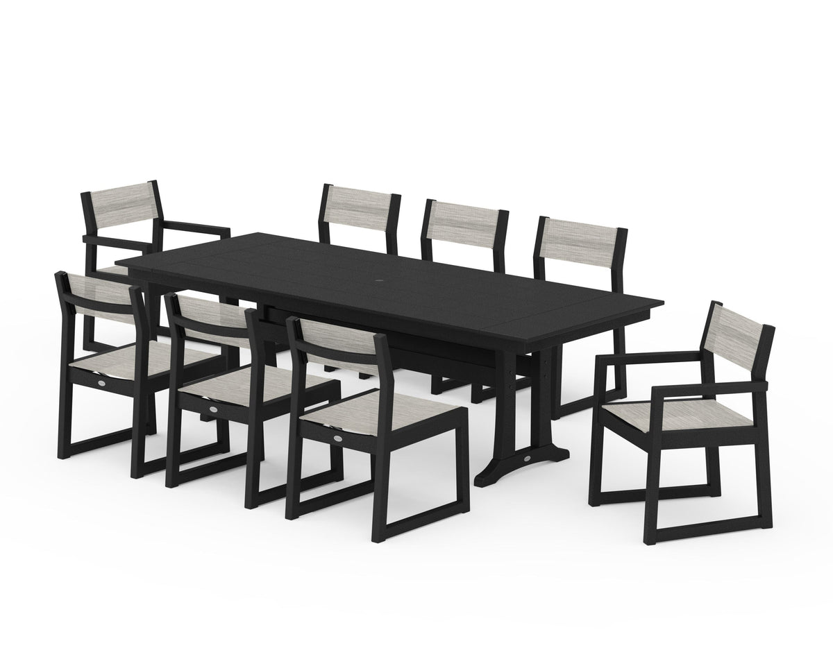 POLYWOOD EDGE Sling 9-Piece Farmhouse Trestle Dining Set in Black / Birch