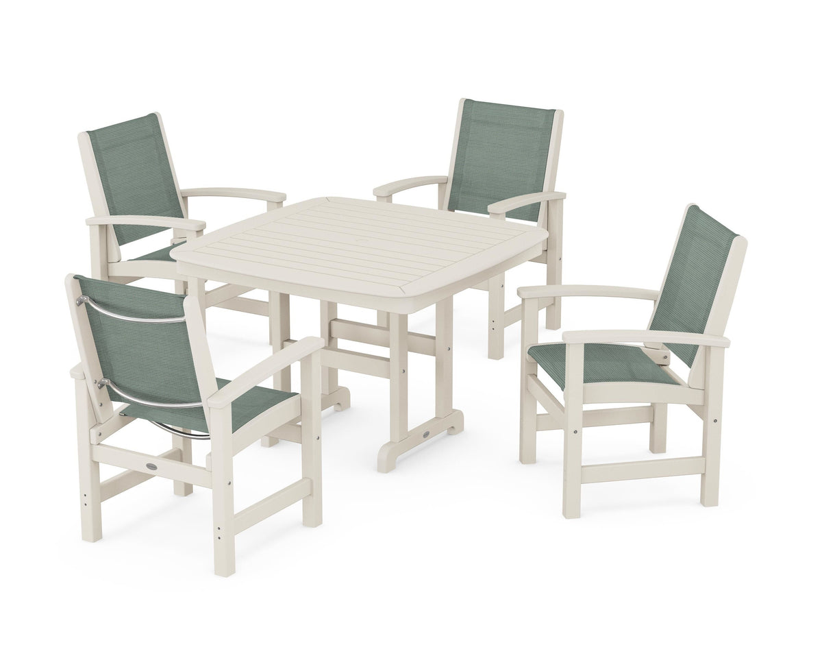 POLYWOOD Coastal 5-Piece Dining Set with Nautical 44" Dining Table in Sand / Dupioni Sea Mist