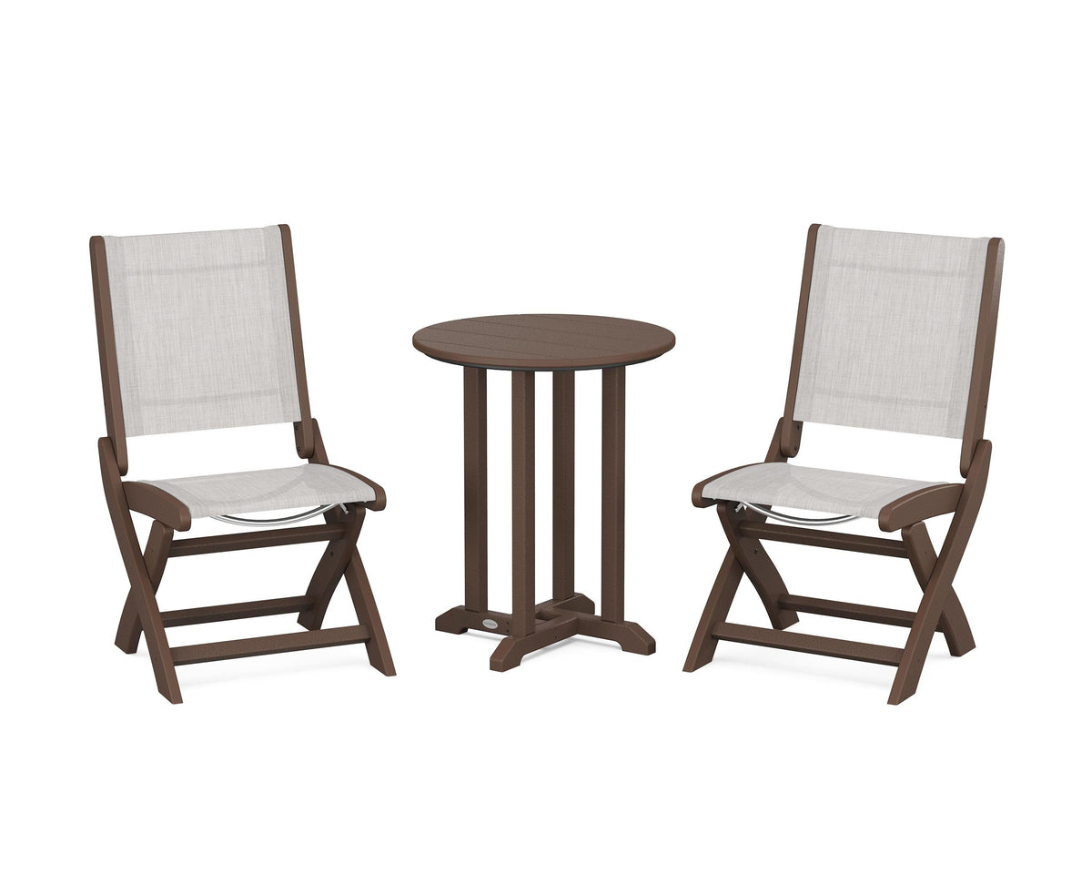 POLYWOOD Coastal Folding Side Chair 3-Piece Round Bistro Dining Set in Mahogany / Parchment