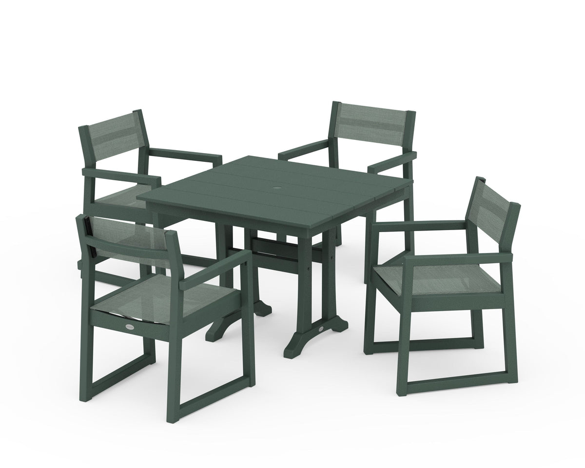 POLYWOOD EDGE Sling 5-Piece Farmhouse Dining Set with Trestle Legs in Green / Dupioni Sea Mist
