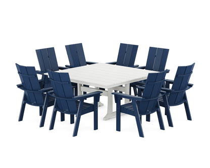 POLYWOOD Modern Curveback Adirondack 9-Piece Farmhouse Trestle Dining Set in Navy / White